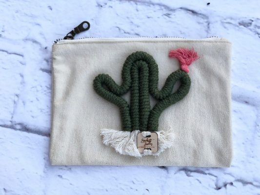 cactus macramé makeup bag with one bloom