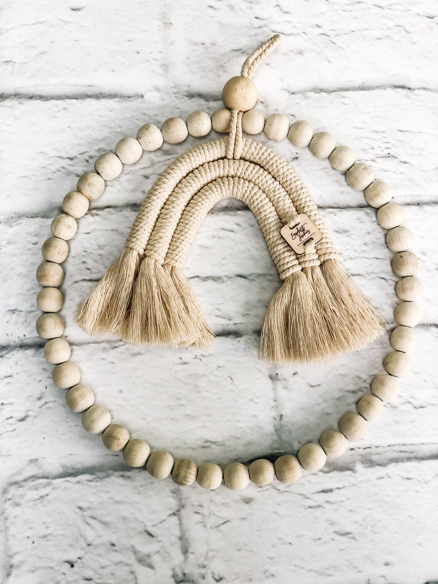 natural macramé rainbow with wooden beads